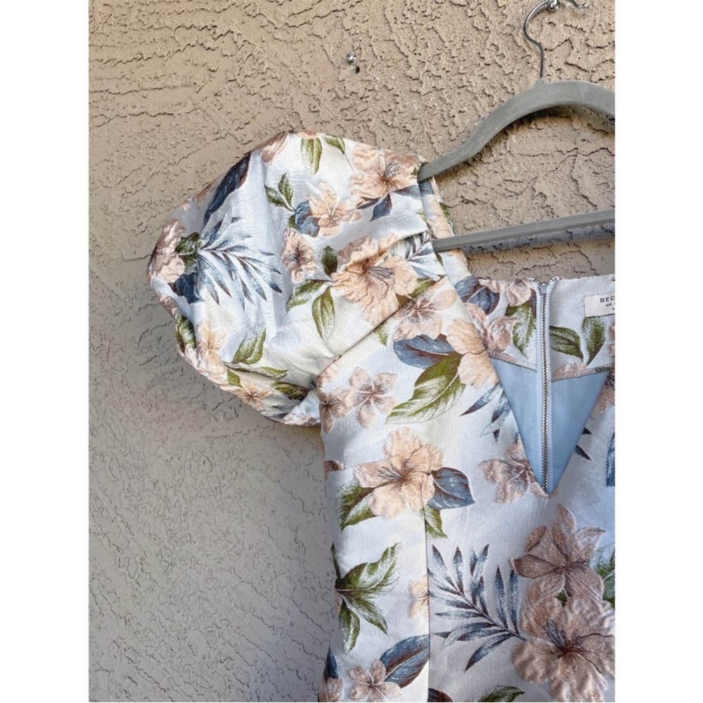 BEC + BRIDGE Blue & Pink Textured Floral Jacquard Plunging V Poofy Sleeve Dress - Picture 13 of 16